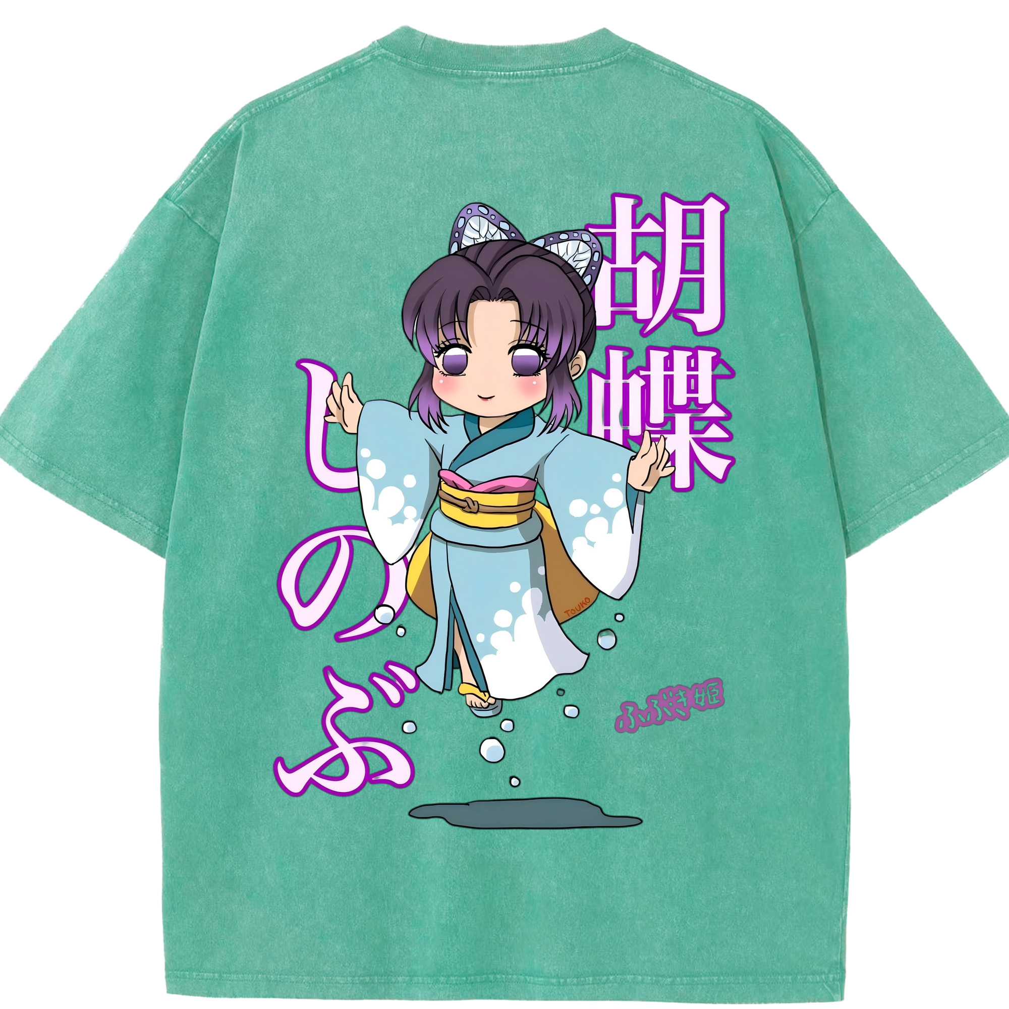 （画像用） 鬼滅の刃（きめつのやいば）蟲柱-胡蝶 しのぶ／こちょう しのぶ Kochou Shinobu 綿100% ヴィンテージ風 半袖Tシャツ（背面プリント）